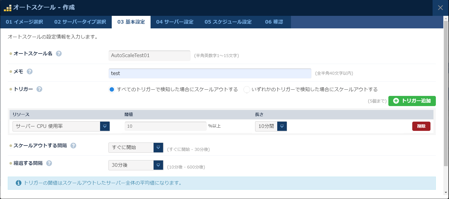 オートスケールの設定情報ダイアログ