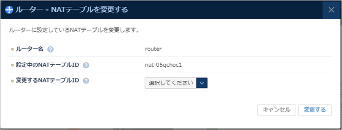 ルートテーブル設定変更のダイアログ