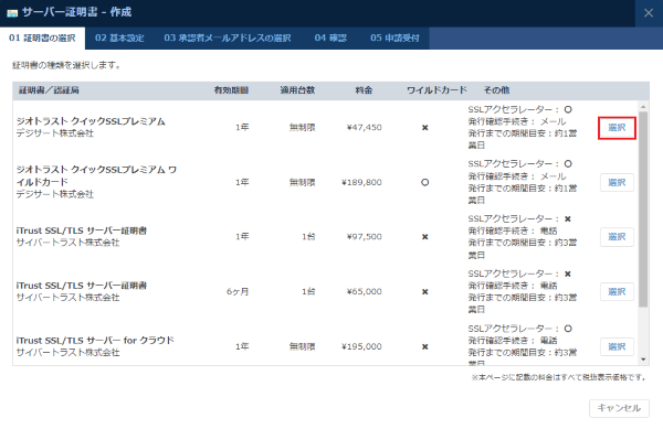 申請する証明書のダイアログ